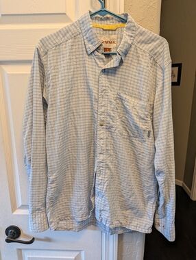 Simms Button Down Fishing Seabreeze and White Checked Outdoor Shirt Sz Sm